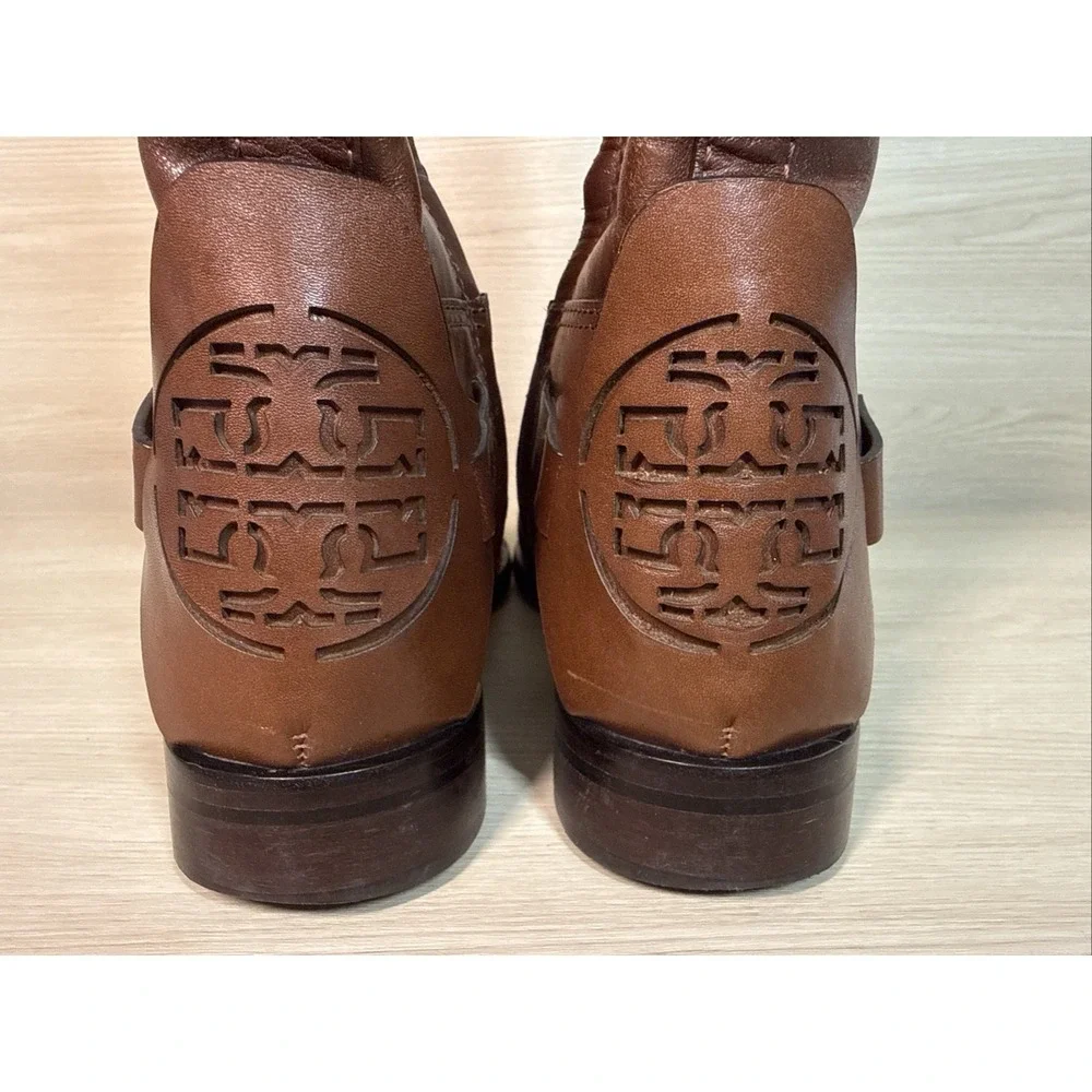 Tory Burch Women's Brown Leather Knee High Riding‎ Boots Logo Heel 6M Gold Zip
